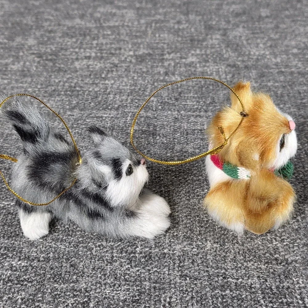 2 Faux Fur Kitten Ornaments Orange Ginger & Gray Tabby Cat Miniature Figurines